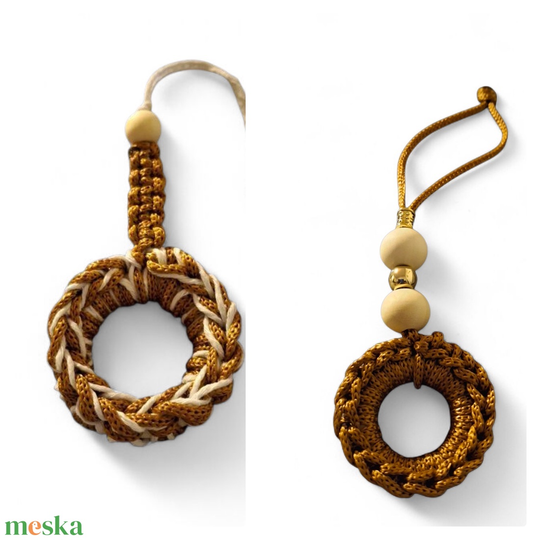 Fakarikára fűzött makramé díszek fagömbökkel arany köztesekkel  - karácsony - karácsonyi lakásdekoráció - karácsonyfadíszek - Meska.hu