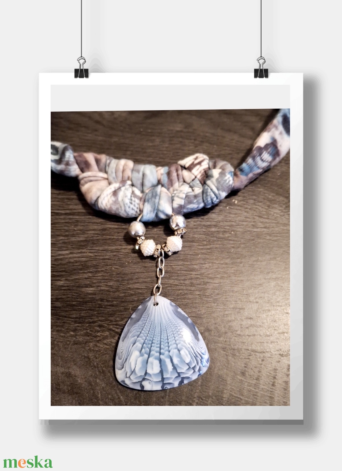 Bohém textil nyaklánc kagyló medállal � egyedi, kézzel készült ékszer gyűrűvel - ékszer - nyaklánc - medálos nyaklánc - Meska.hu