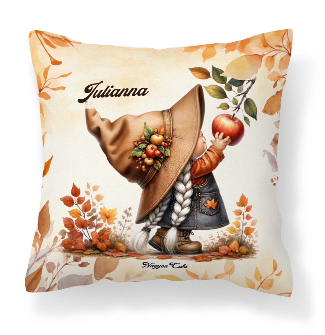 Névvel kérhető - Őszi manó lány és az alma mintás párna - otthon & életmód - lakástextil - párna & párnahuzat - díszpárna (belsővel együtt) - Meska.hu