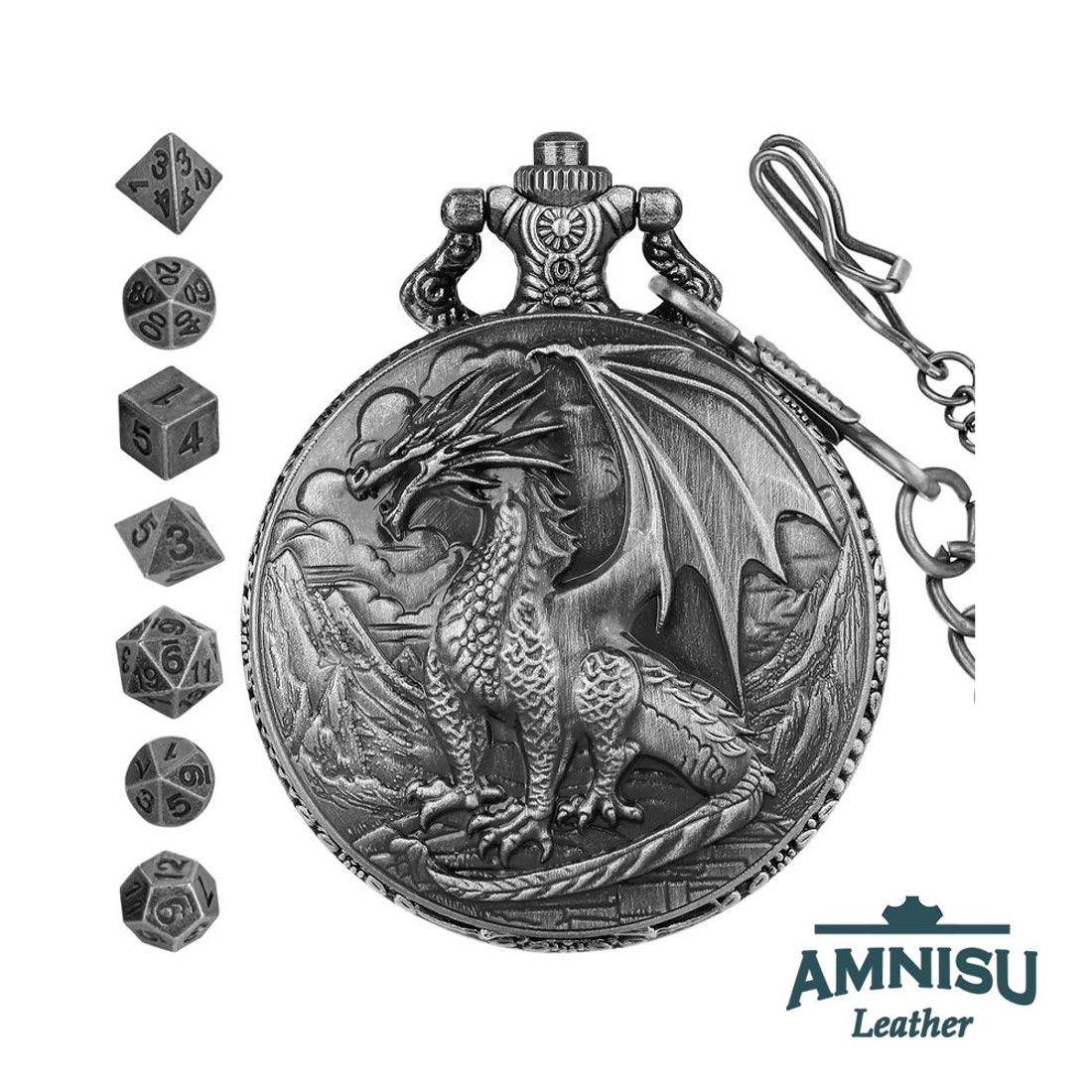 Ezüst sárkányos mini fém kockaszett zsebóra tokban - játék & sport - szerepjáték - Meska.hu
