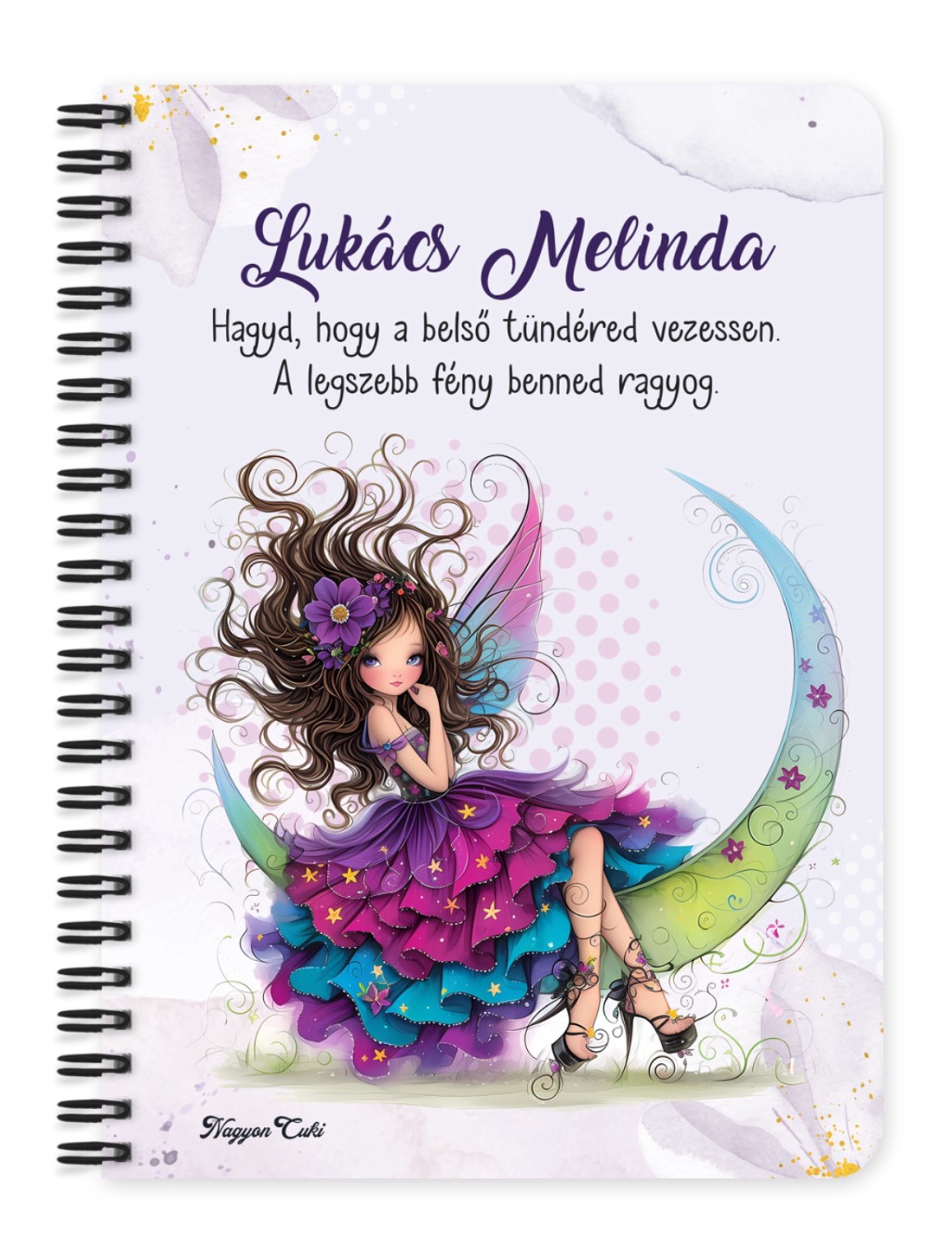 Személyre szabható - Szépséges lila virágos tündér és a hold mintás A6-os füzet - otthon & életmód - papír, írószer - jegyzetfüzet & napló - Meska.hu