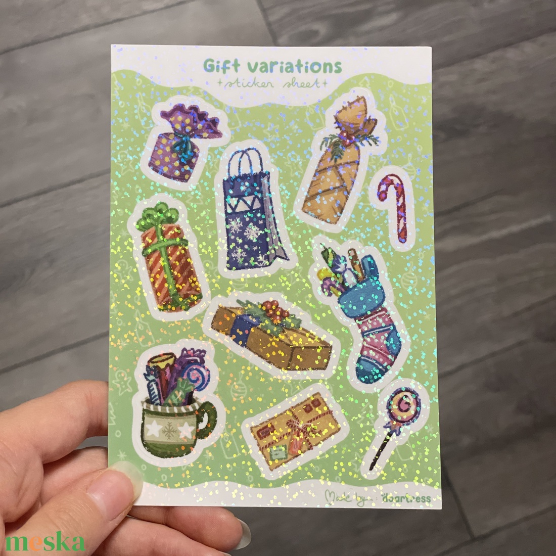 Karácsonyi ajándékcsomagos csillogó matricaív A6 - kellékek & szerszámok - dekorációs kellékek - matricaív - Meska.hu