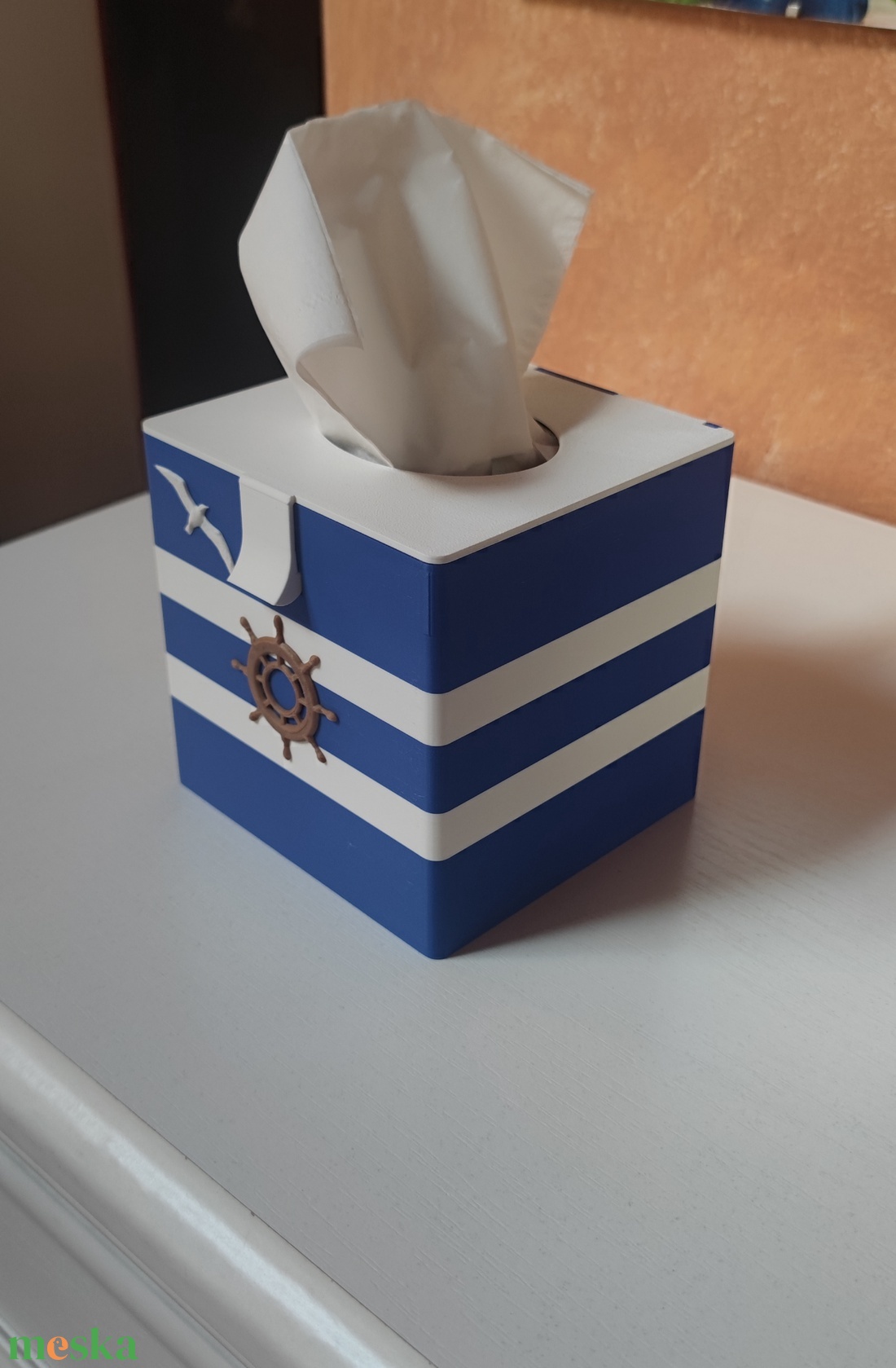 Matróz témájú világoskék zsebkendőtartó vízparti motívumokkal  - otthon & életmód - tárolás & rendszerezés - zsebkendőtartó - Meska.hu