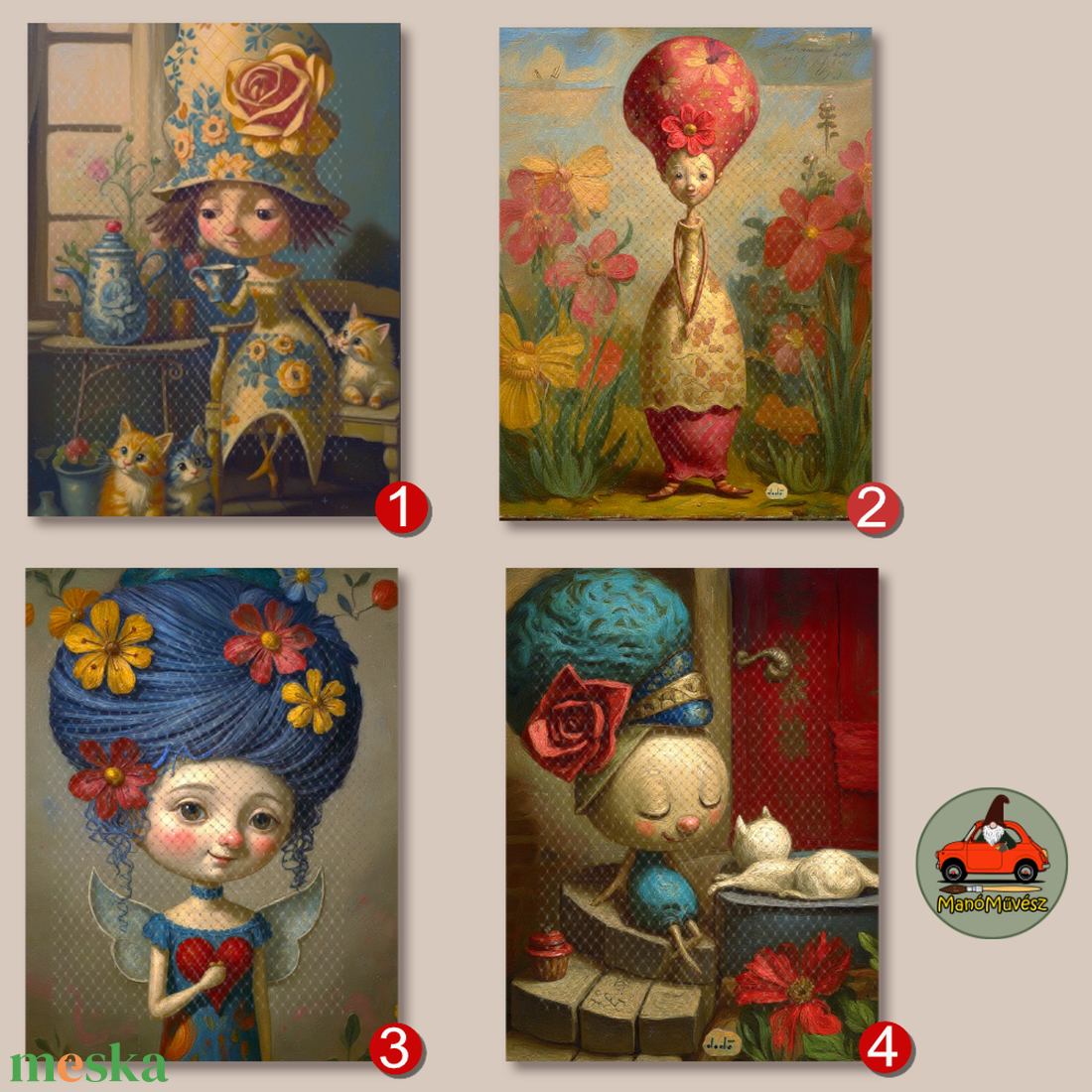 Mini művésznyomat vintage keretben � választható DodóArt illusztráció - otthon & életmód - dekoráció - fali és függő dekoráció - falra akasztható dekor - Meska.hu