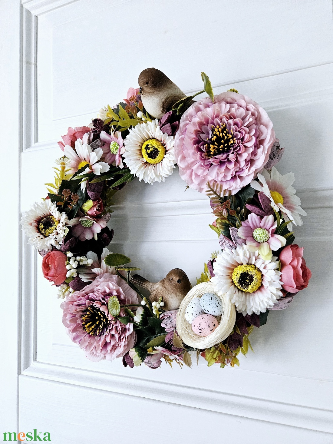 Madárcsalád virágok közt fészkel � - otthon & életmód - virágdekoráció - virágdíszek - dekor koszorúk, kopogtatók - Meska.hu