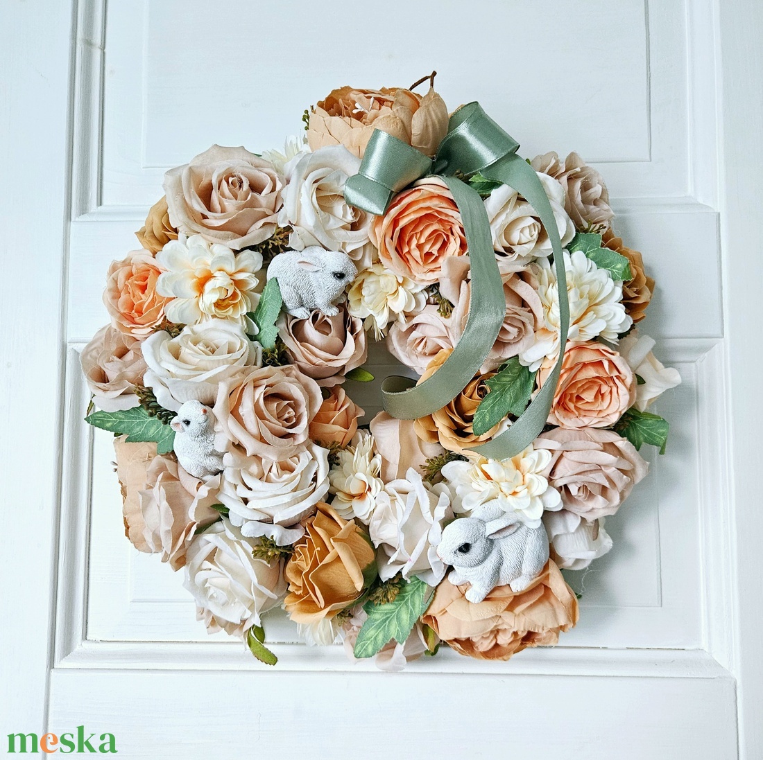 Nyuszicsalád rózsakertben bújkál ���� - ünnepi díszek, dekorációk - húsvéti díszek és dekorációk - húsvéti ajtódísz, kopogtató - Meska.hu