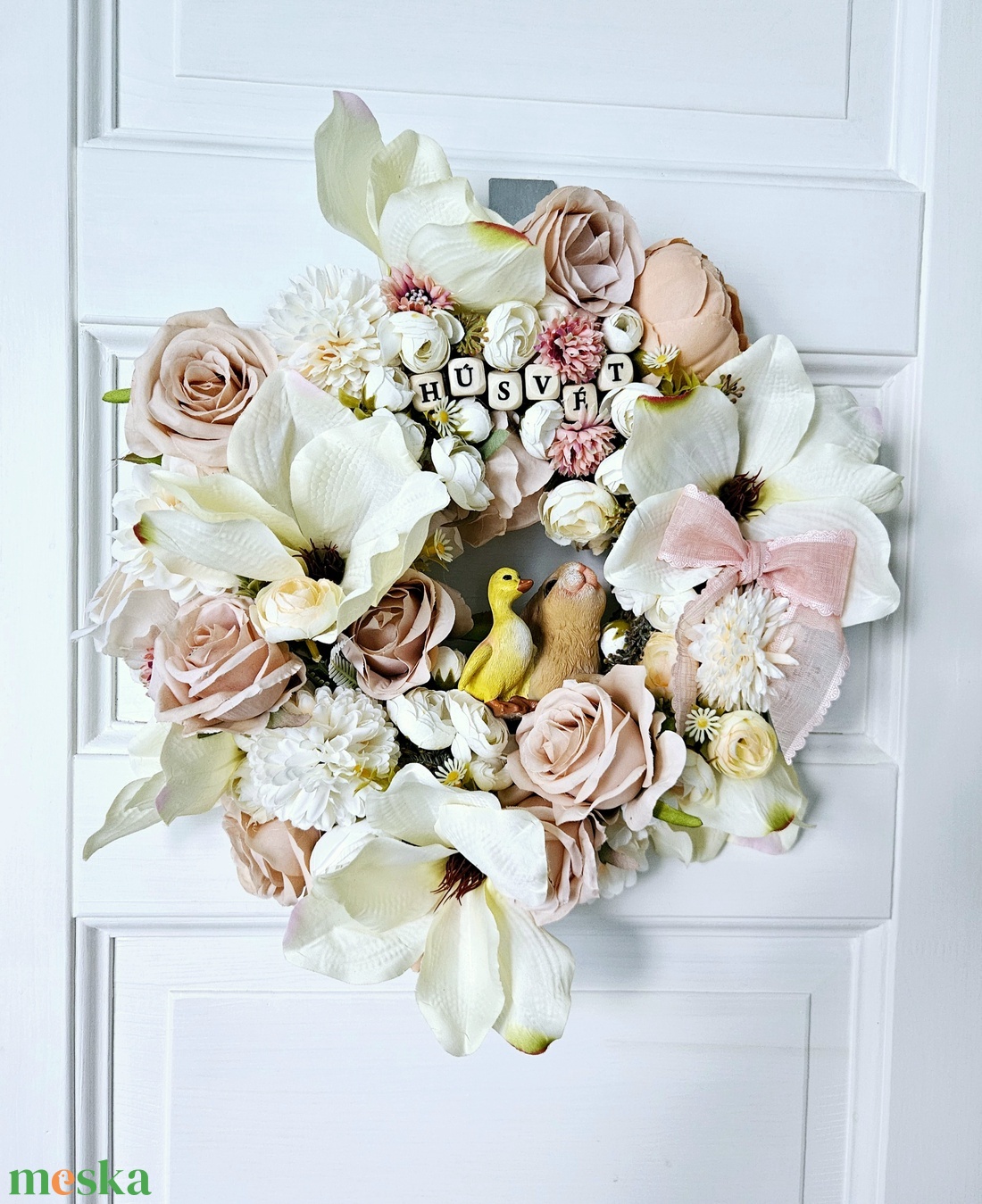 Magnóliás pasztell virágáradat kiskacsával kisnyuszival �  - ünnepi díszek, dekorációk - húsvéti díszek és dekorációk - húsvéti ajtódísz, kopogtató - Meska.hu