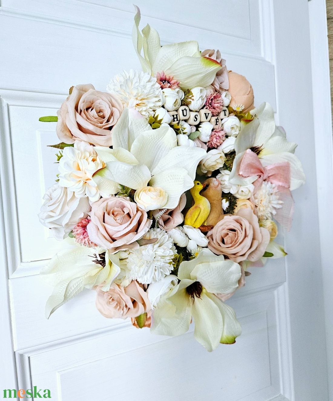 Magnóliás pasztell virágáradat kiskacsával kisnyuszival �  - ünnepi díszek, dekorációk - húsvéti díszek és dekorációk - húsvéti ajtódísz, kopogtató - Meska.hu