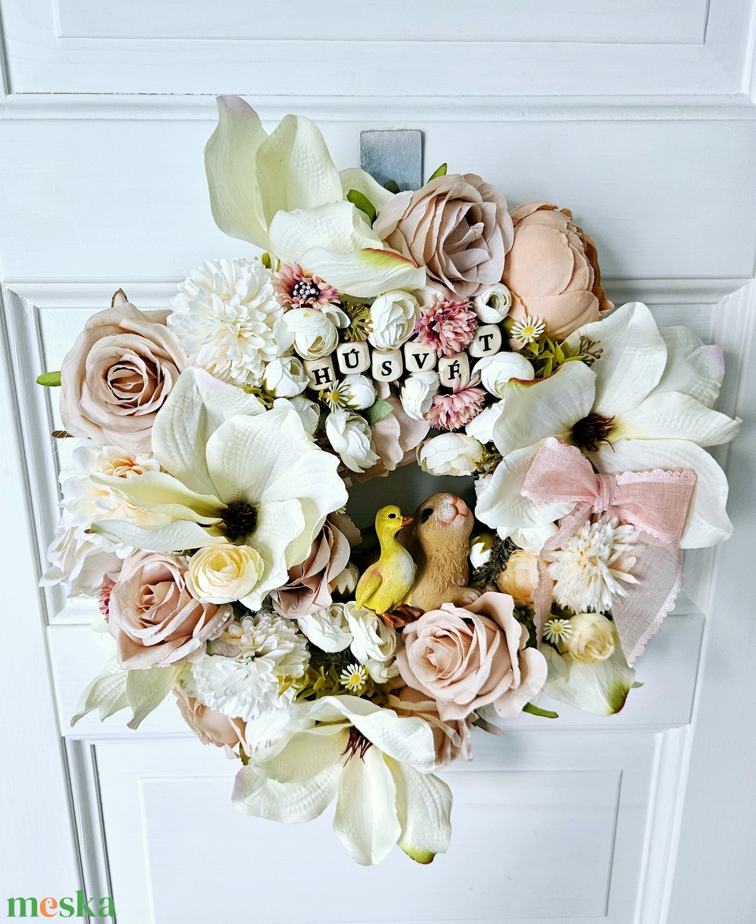 Magnóliás pasztell virágáradat kiskacsával kisnyuszival �  - ünnepi díszek, dekorációk - húsvéti díszek és dekorációk - húsvéti ajtódísz, kopogtató - Meska.hu