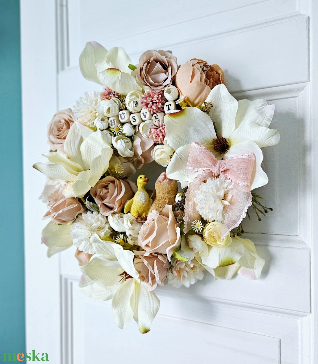 Magnóliás pasztell virágáradat kiskacsával kisnyuszival �  - ünnepi díszek, dekorációk - húsvéti díszek és dekorációk - húsvéti ajtódísz, kopogtató - Meska.hu