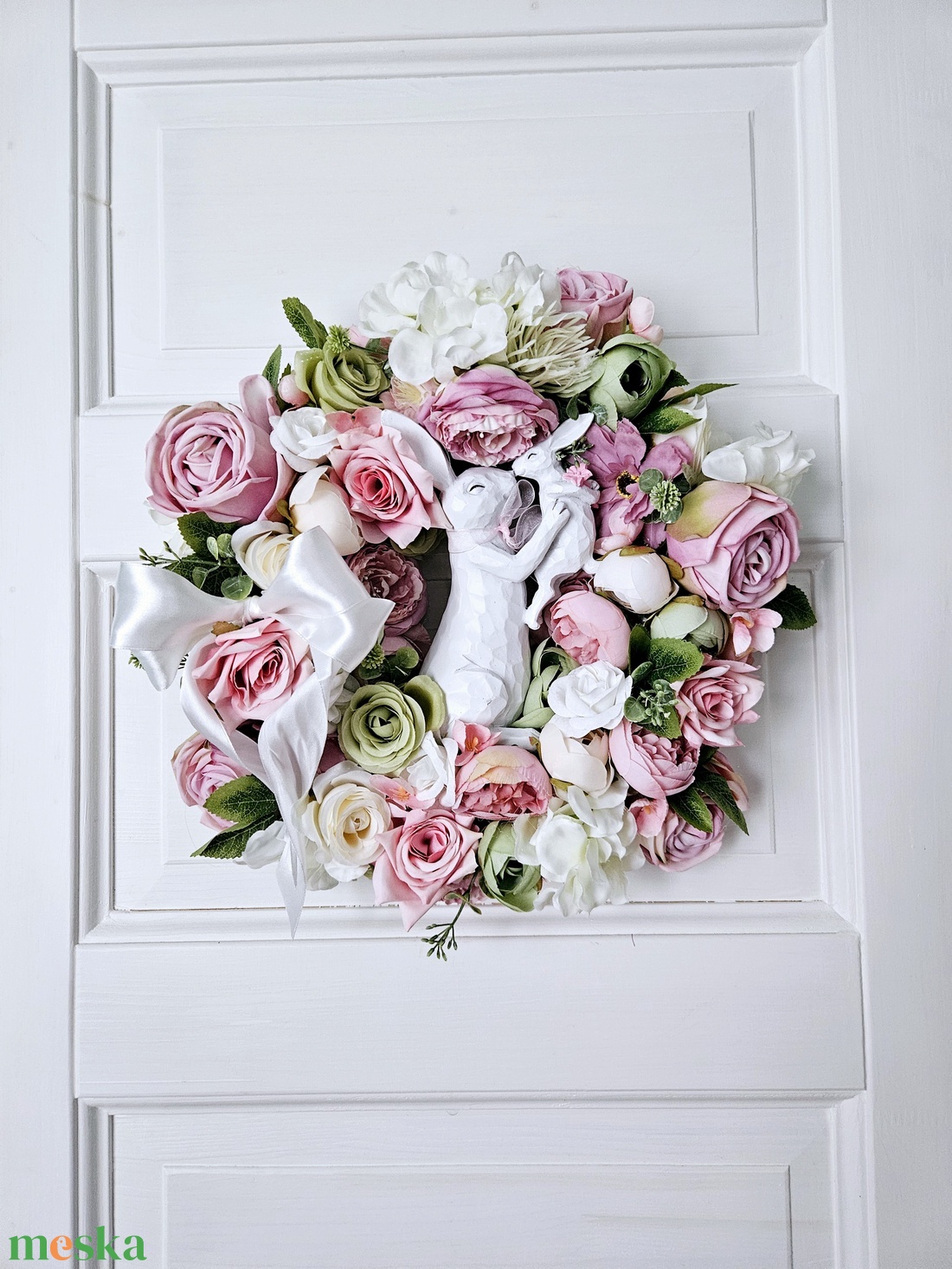 Nyuszimama a kisnyuszijával friss tavaszi kopogtató ���� - ünnepi díszek, dekorációk - húsvéti díszek és dekorációk - húsvéti ajtódísz, kopogtató - Meska.hu