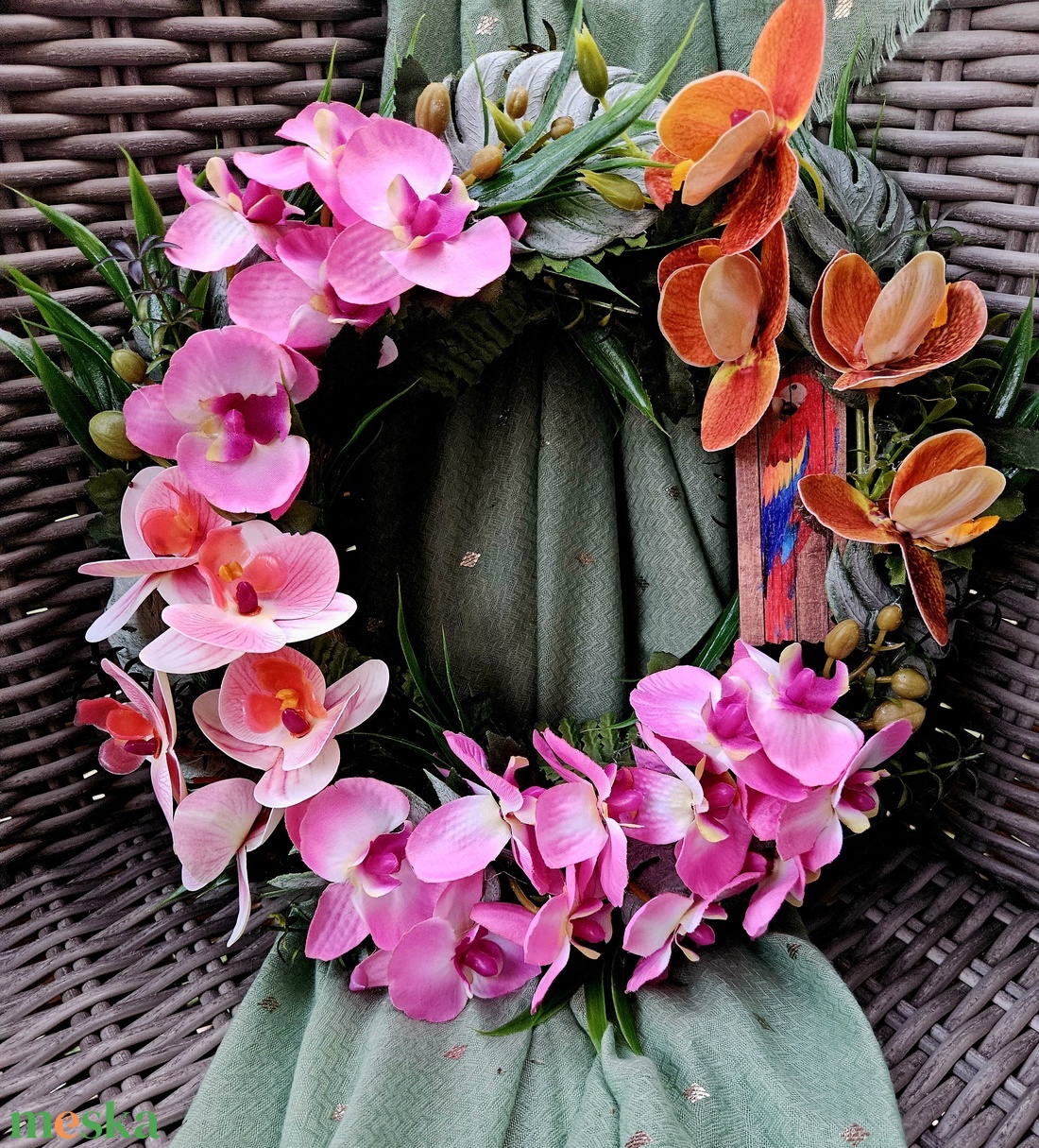 Trópusi esőerdő orchideákkal és arapapagájjal - otthon & életmód - dekoráció - ajtó- és ablak dekoráció - ajtódísz & kopogtató - Meska.hu