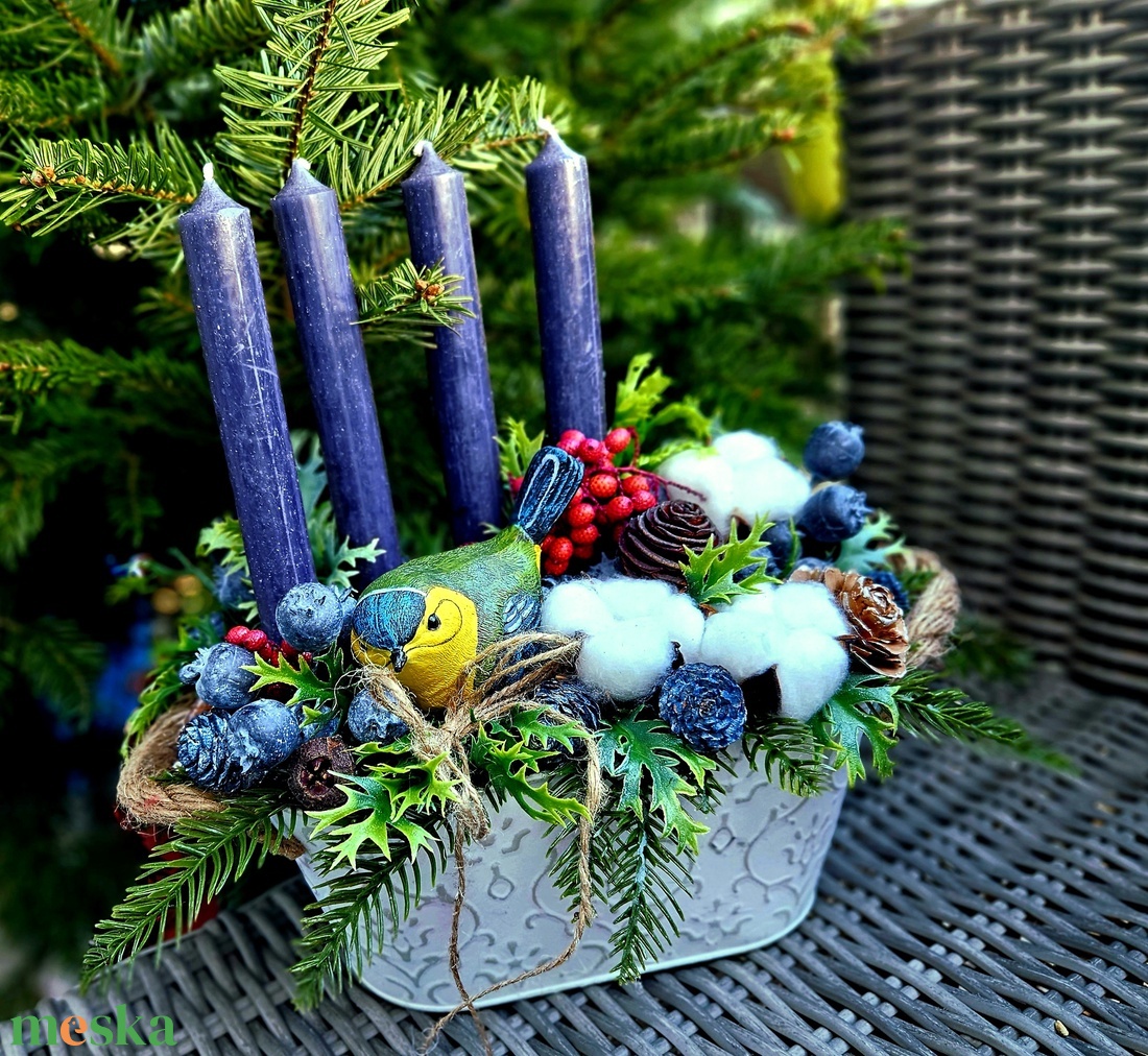 Kék cinege adventi asztaldísz - karácsony - adventi díszek - adventi asztaldísz - Meska.hu