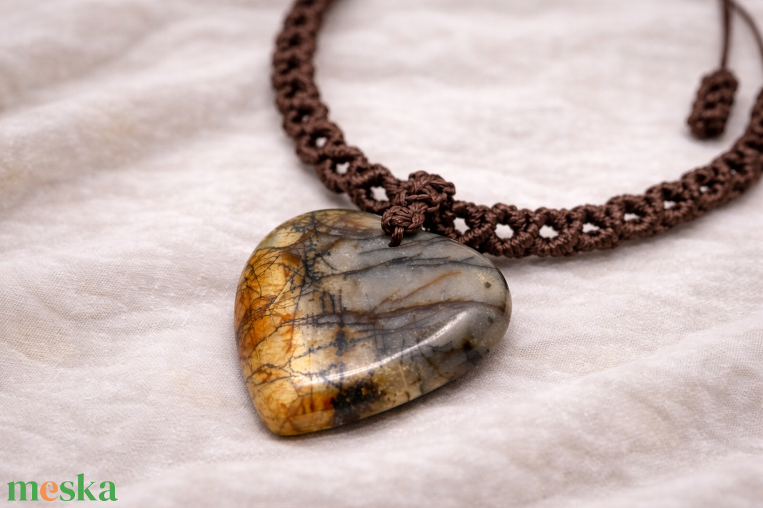 Barna makramé nyaklánc szív alakú jáspis medállal - ékszer - nyaklánc - medálos nyaklánc - Meska.hu