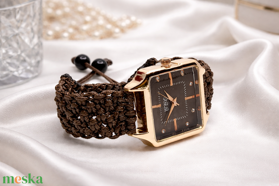 Sötétbarna makramé karóra négyszögletes számlappal - ékszer - karóra és ékszeróra - karóra - Meska.hu