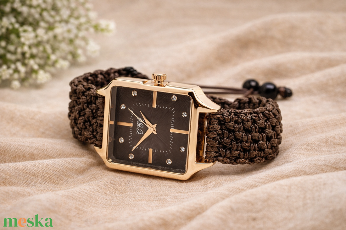 Sötétbarna makramé karóra négyszögletes számlappal - ékszer - karóra és ékszeróra - karóra - Meska.hu