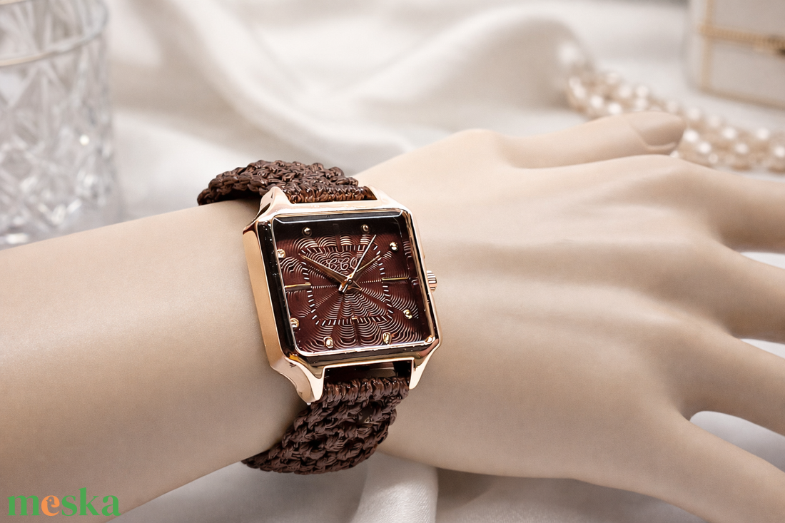 Sötétbarna makramé karóra négyszögletes számlappal - ékszer - karóra és ékszeróra - karóra - Meska.hu