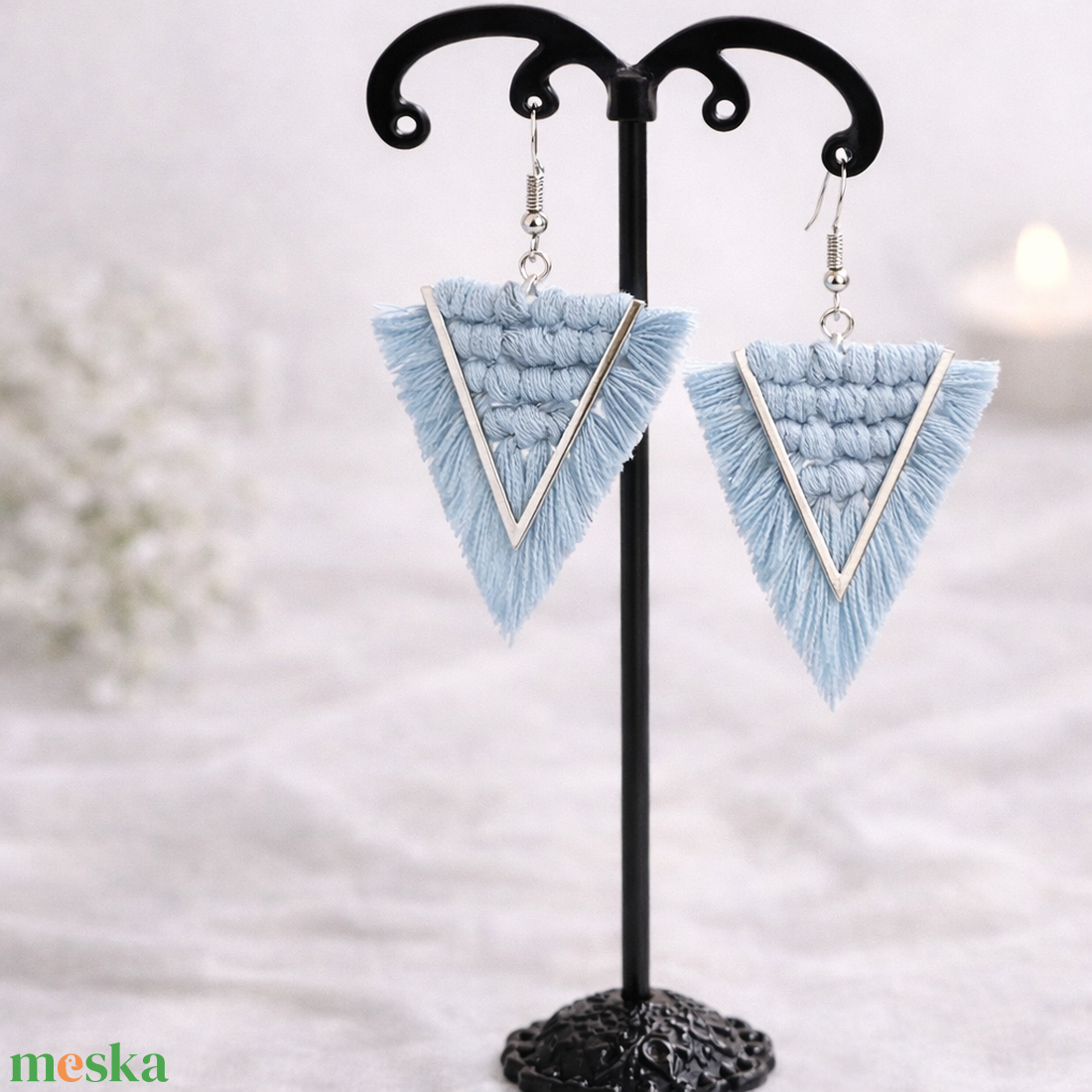 Viviana makramé fülbevaló - Misty ezüstszállal - ékszer - fülbevaló - lógó fülbevaló - Meska.hu