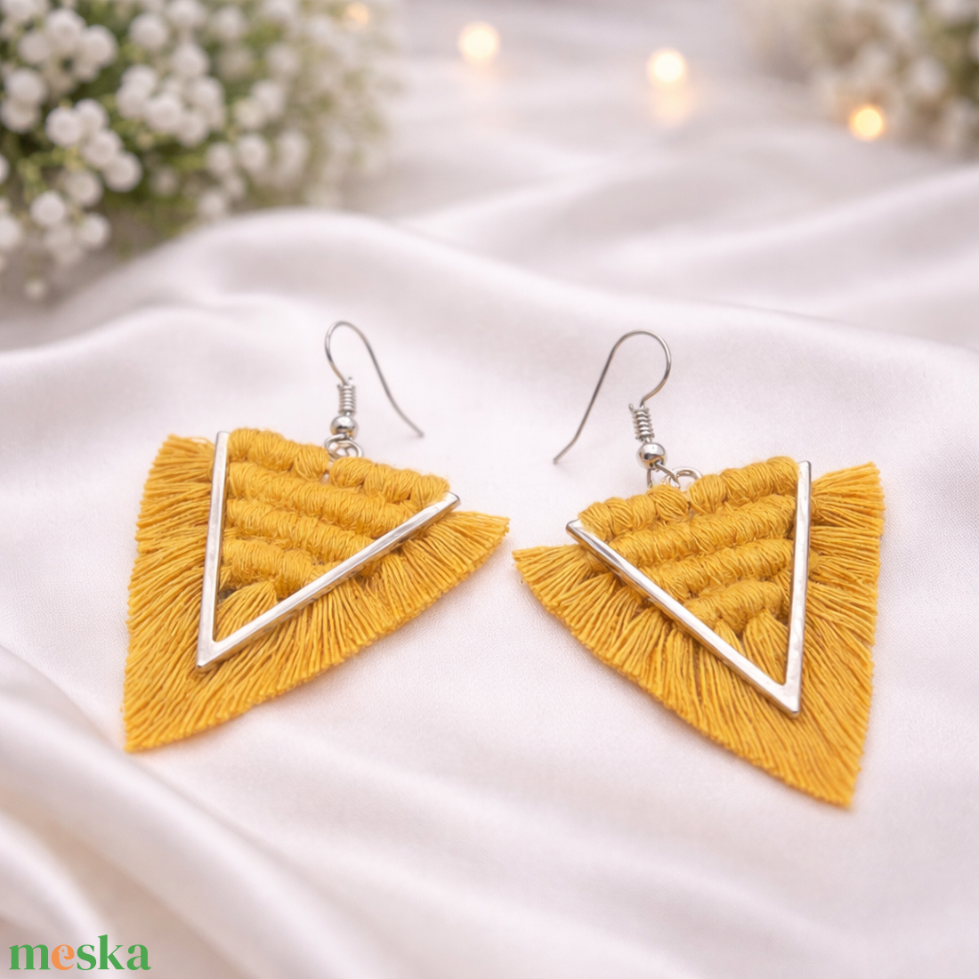 Viviana makramé fülbevaló - Mustársárga - ékszer - fülbevaló - lógó fülbevaló - Meska.hu