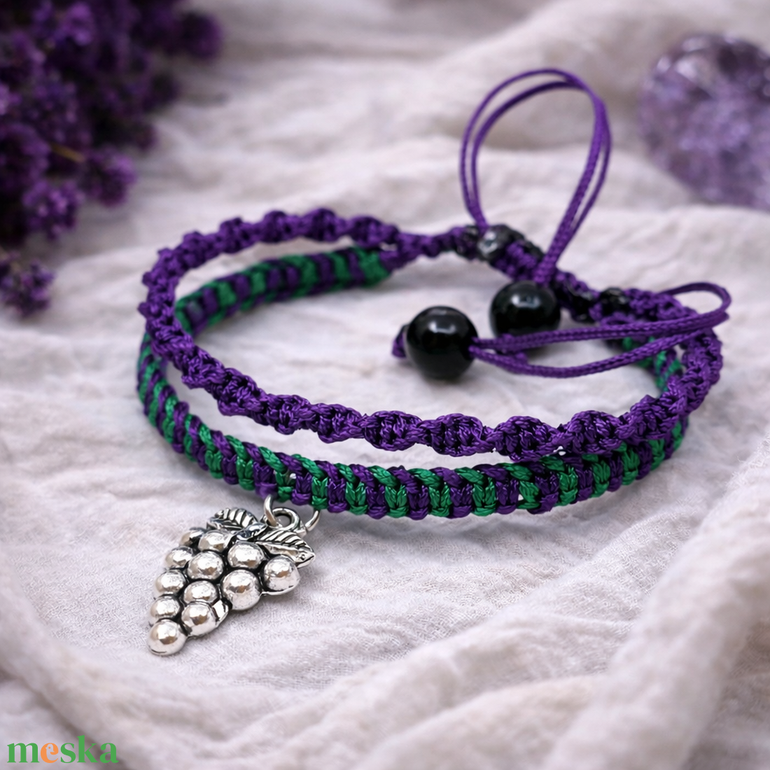 Szőlő dupla soros makramé karkötő - ékszer - karkötő - fonott karkötő - Meska.hu