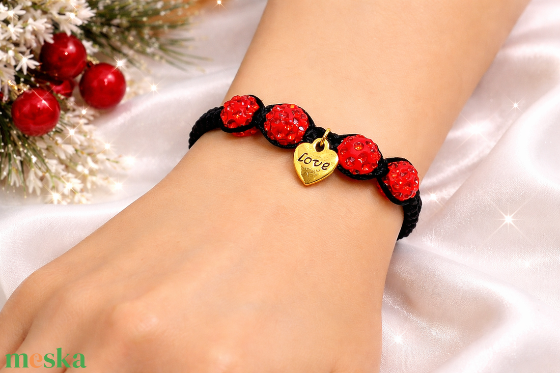 Golden Love - piros shamballa karkötő - ékszer - karkötő - fonott karkötő - Meska.hu