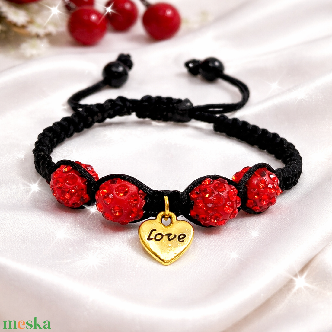 Golden Love - piros shamballa karkötő - ékszer - karkötő - fonott karkötő - Meska.hu