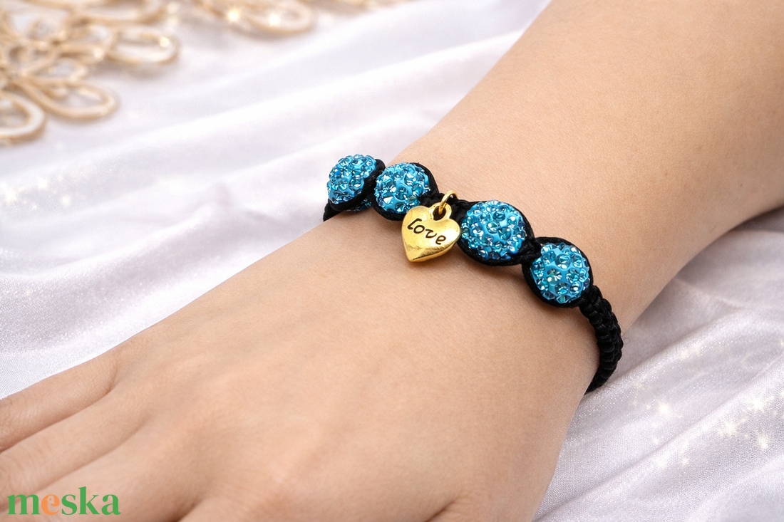 Golden Love - türkizkék shamballa karkötő - ékszer - karkötő - fonott karkötő - Meska.hu