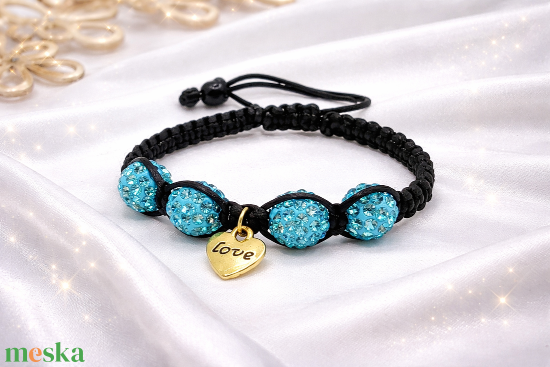 Golden Love - türkizkék shamballa karkötő - ékszer - karkötő - fonott karkötő - Meska.hu