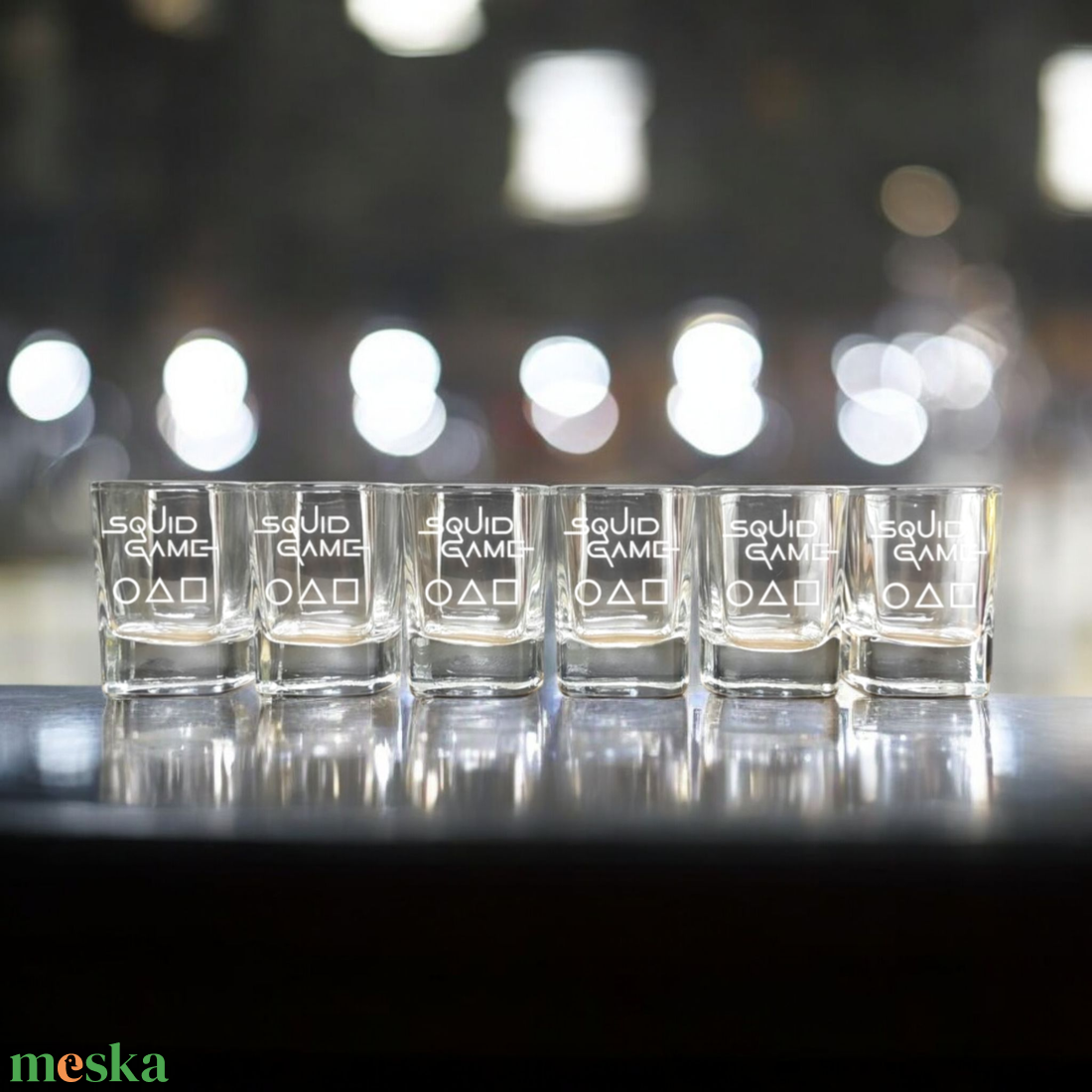 Gravírozott pálinkás pohár szett SQUID GAME 55 ml, szögletes forma, 6 db  - otthon & életmód - konyhafelszerelés, tálalás - tálalás - pálinkás poharak, szettek - Meska.hu