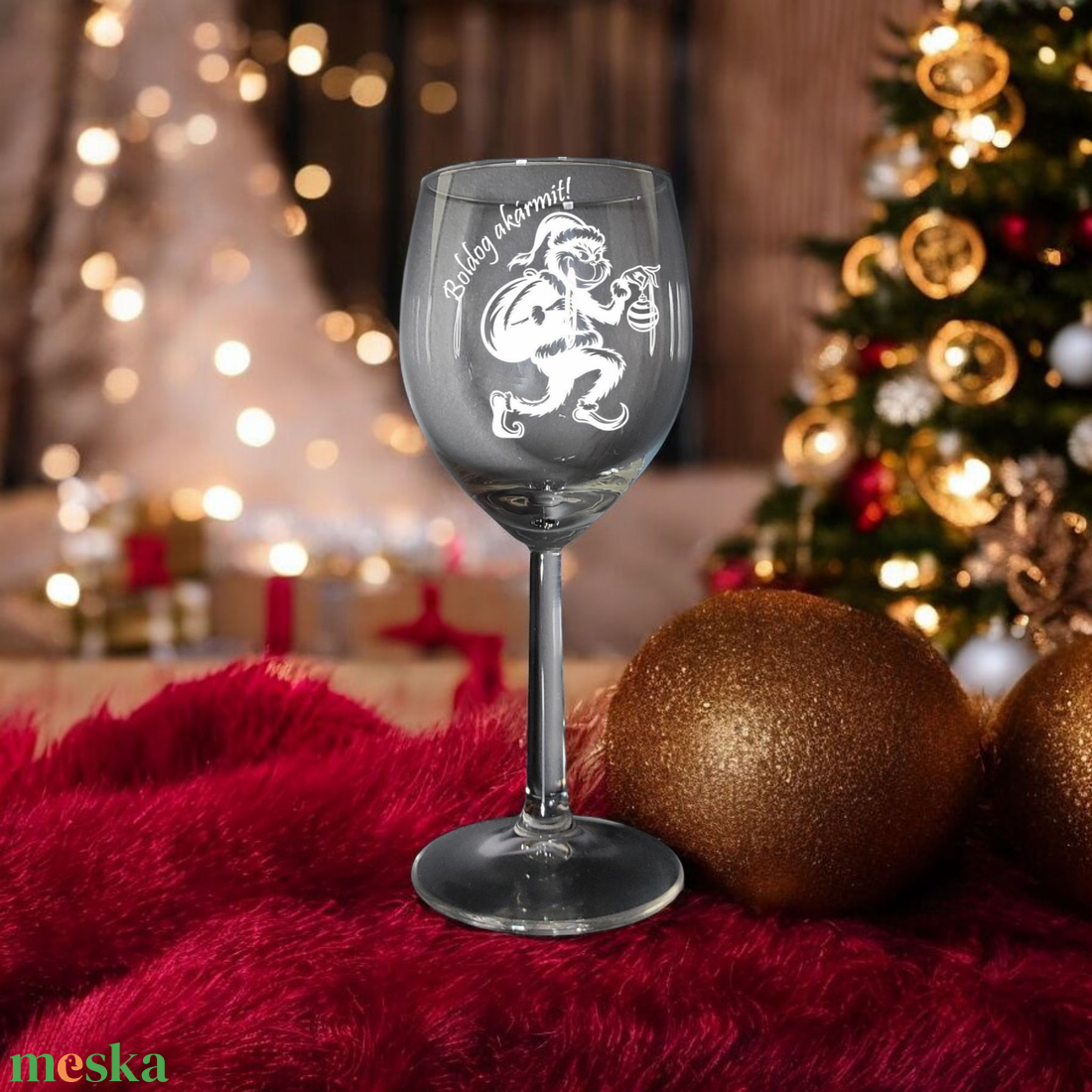Gravírozott boros pohár Grinch, Grincs mintával, 300 ml  - otthon & életmód - konyhafelszerelés, tálalás - tálalás - pohár - Meska.hu
