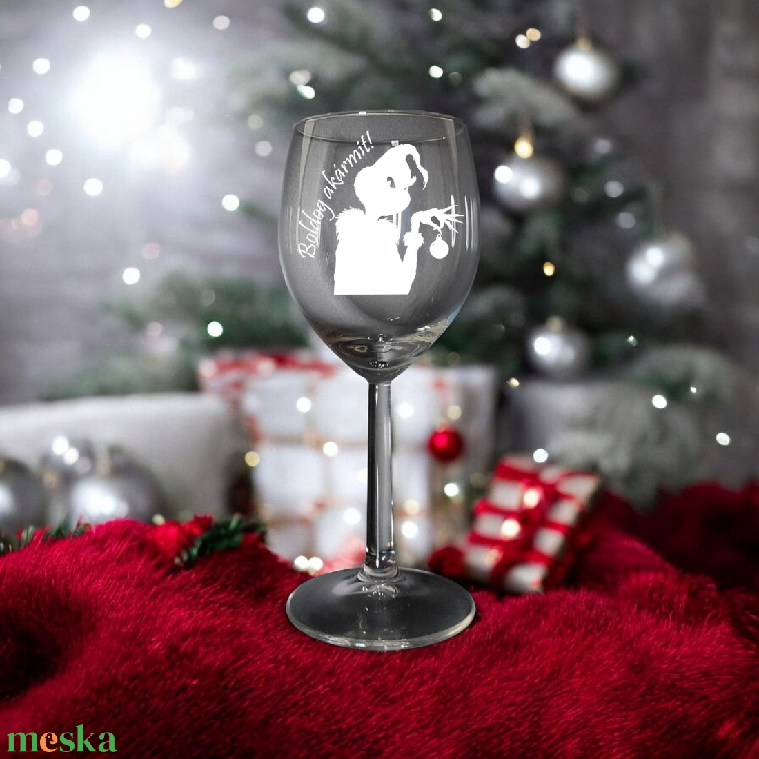 Gravírozott boros pohár Grinch, Grincs mintával, 300 ml  - otthon & életmód - konyhafelszerelés, tálalás - tálalás - pohár - Meska.hu