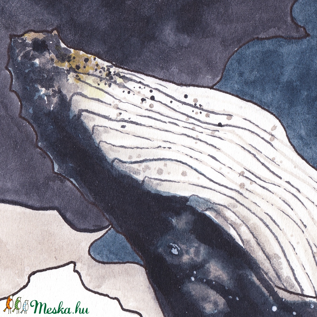 Hosszúszárnyú bálna - ecsetfilc festmény (nyomat) - művészet - festmény - akvarell - Meska.hu