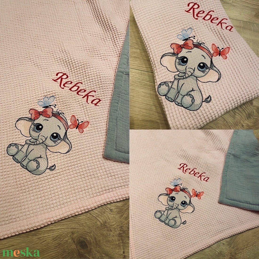 Nyári babatakaró - Hímzett,elefánt-lány mintával , névre szóló  - baba - mama - baba ágynemű - babatakaró, gyerek pléd - Meska.hu