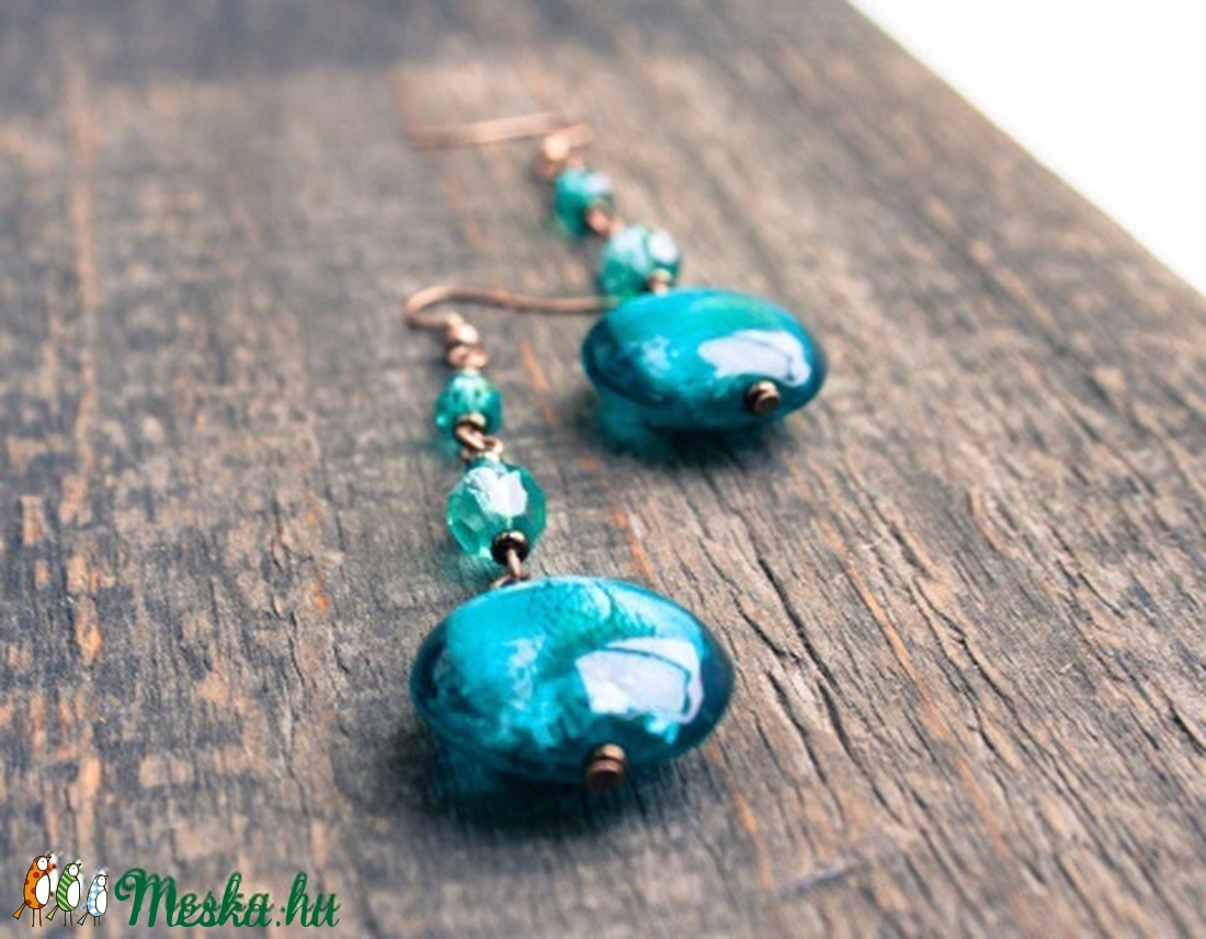 Türkiz üveg nyári lógós fülbevaló -  - Meska.hu