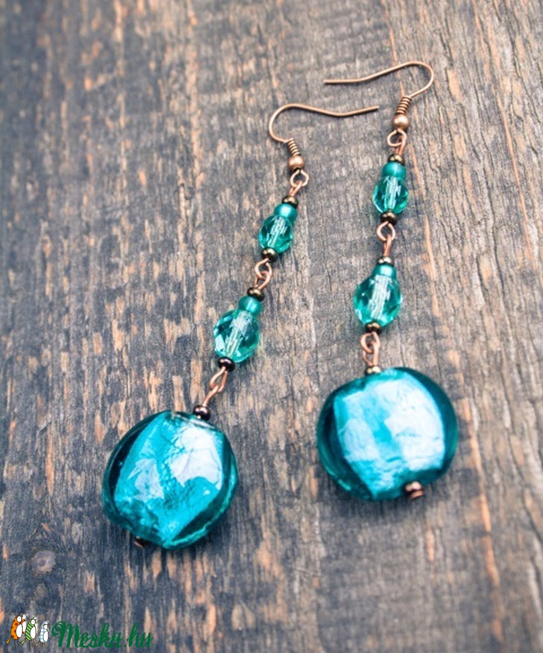 Türkiz üveg nyári lógós fülbevaló -  - Meska.hu