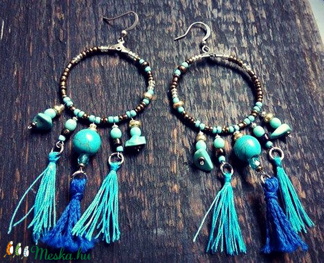 Türkizkék, kék és bronz színben pompázó hosszú lógós bojtos nyári fülbevaló -  - Meska.hu