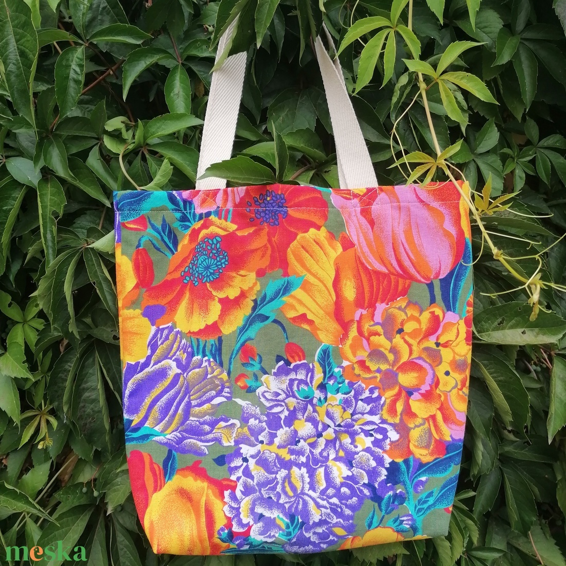 Virágmintás textil válltáska  - táska & tok - bevásárlás & shopper táska - shopper, textiltáska, szatyor - Meska.hu