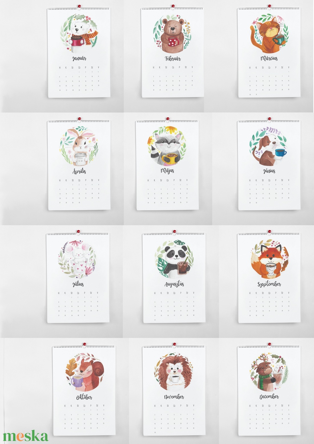 Falinaptár 2026. kávés állatok - otthon & életmód - dekoráció - fali és függő dekoráció - falinaptár & öröknaptár - Meska.hu