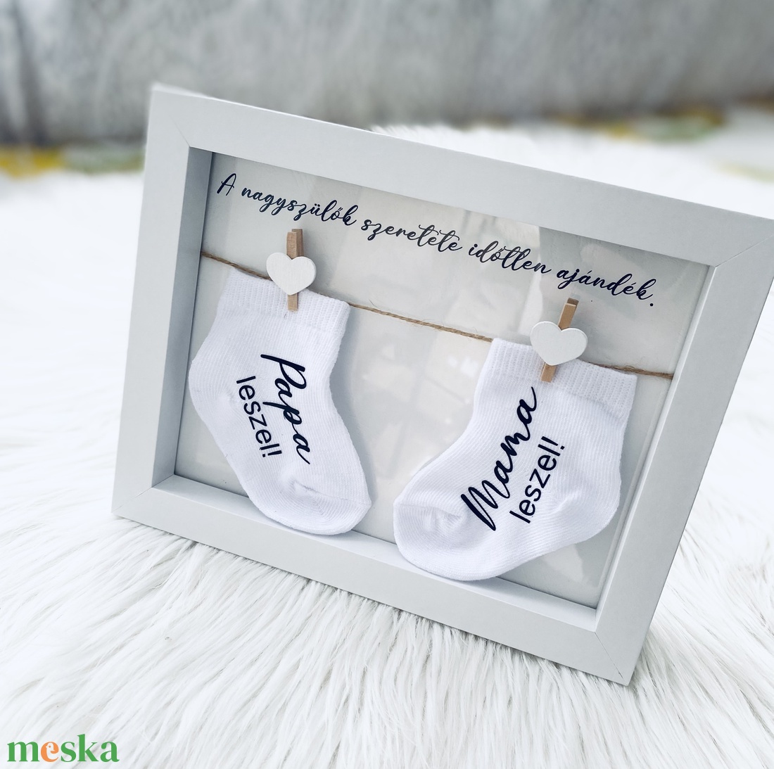 Bababejelentő zoknik + képkeret - baba - mama - babaemlékek - bababejelentők - Meska.hu