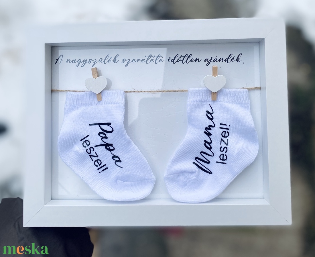 Bababejelentő zoknik + képkeret - baba - mama - babaemlékek - bababejelentők - Meska.hu