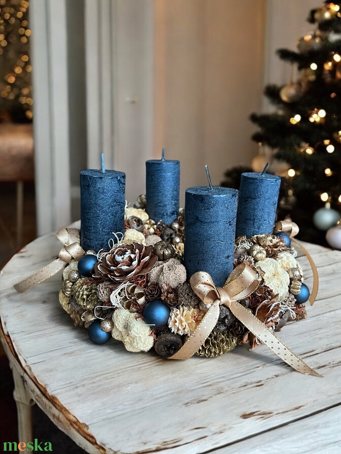 Adventi koszorú natúr-kék-arany színben  - karácsony - adventi díszek - adventi koszorú - Meska.hu