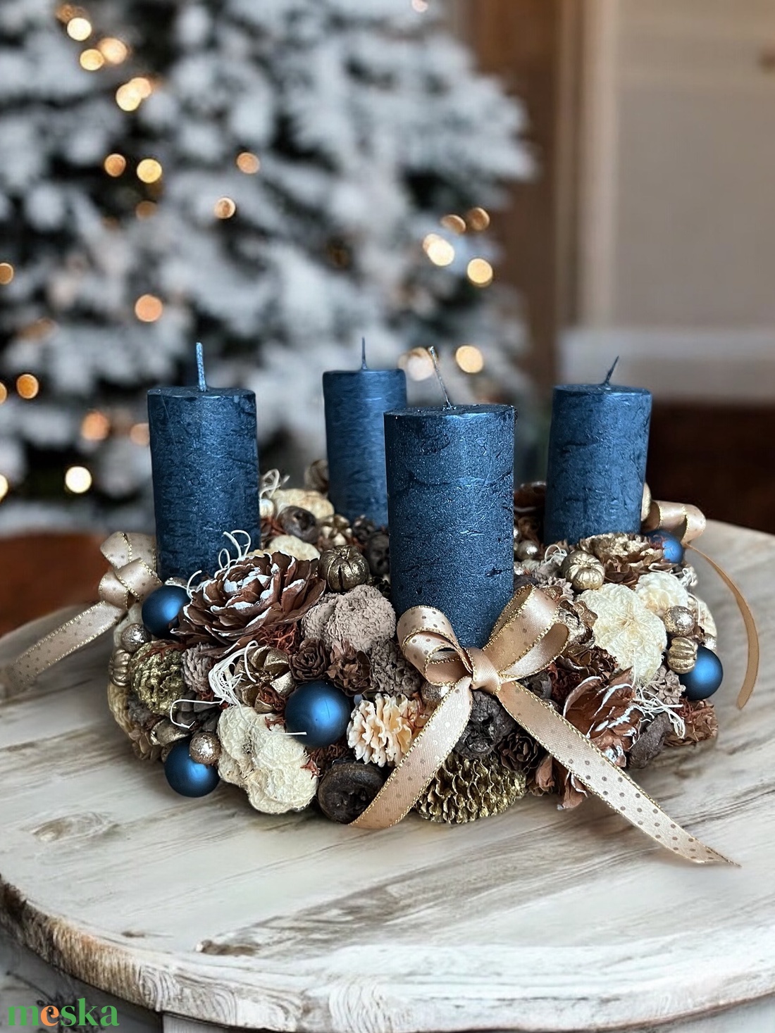 Adventi koszorú natúr-kék-arany színben  - karácsony - adventi díszek - adventi koszorú - Meska.hu