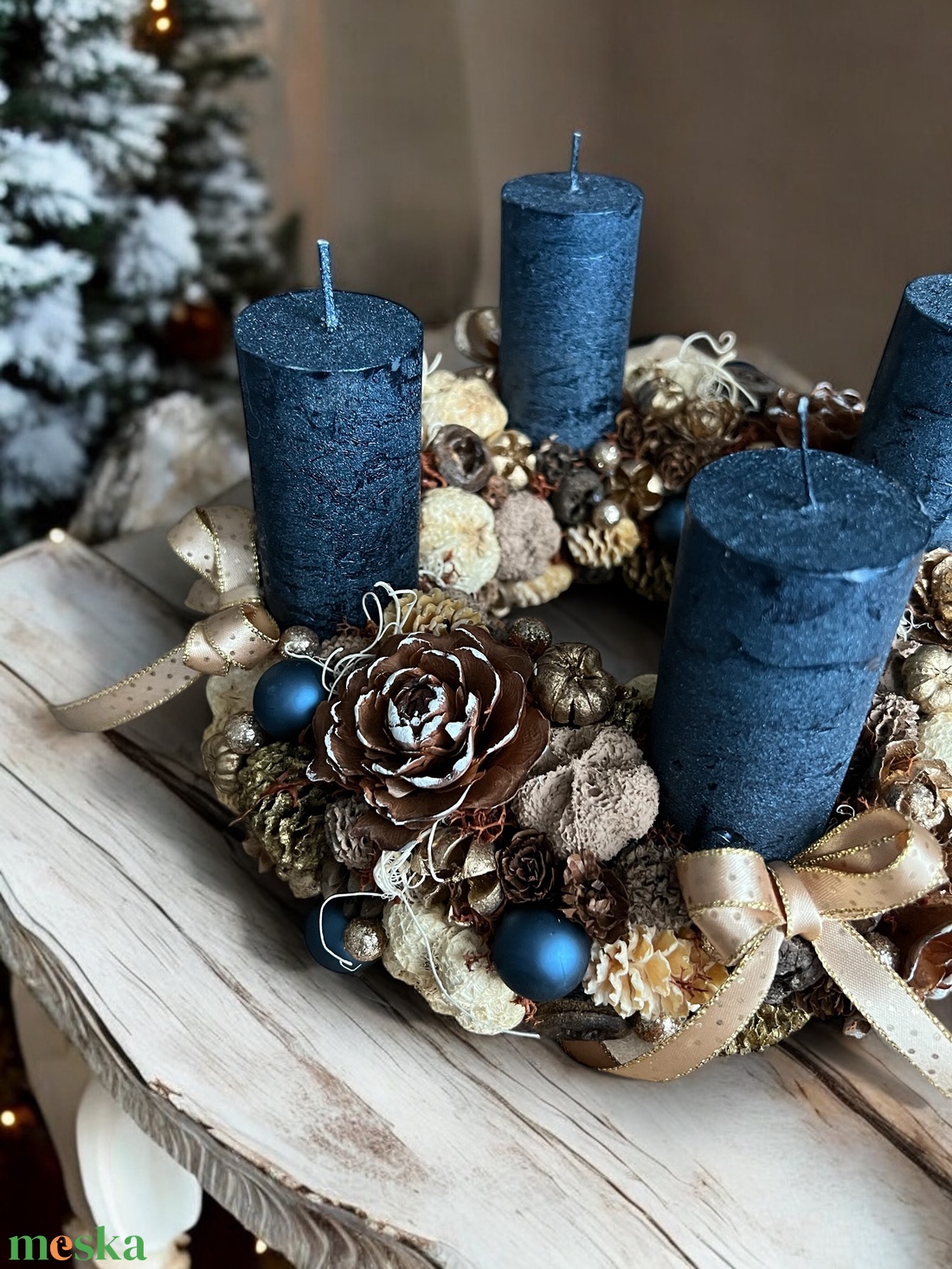 Adventi koszorú natúr-kék-arany színben  - karácsony - adventi díszek - adventi koszorú - Meska.hu