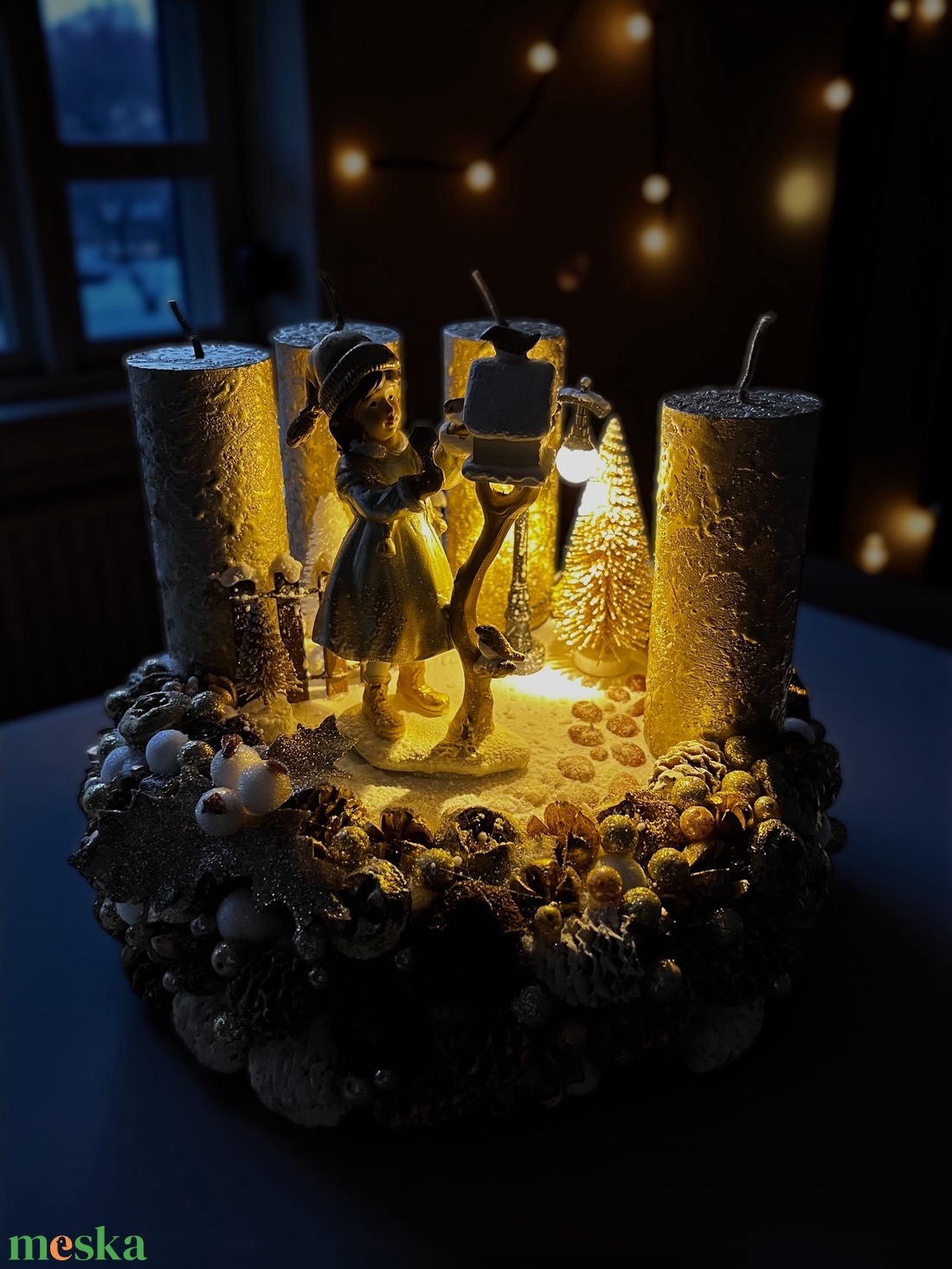 Adventi koszorú LED világítással arany-fehér színvilágban - karácsony - adventi díszek - adventi gyertyadíszek és koszorúdíszek - Meska.hu