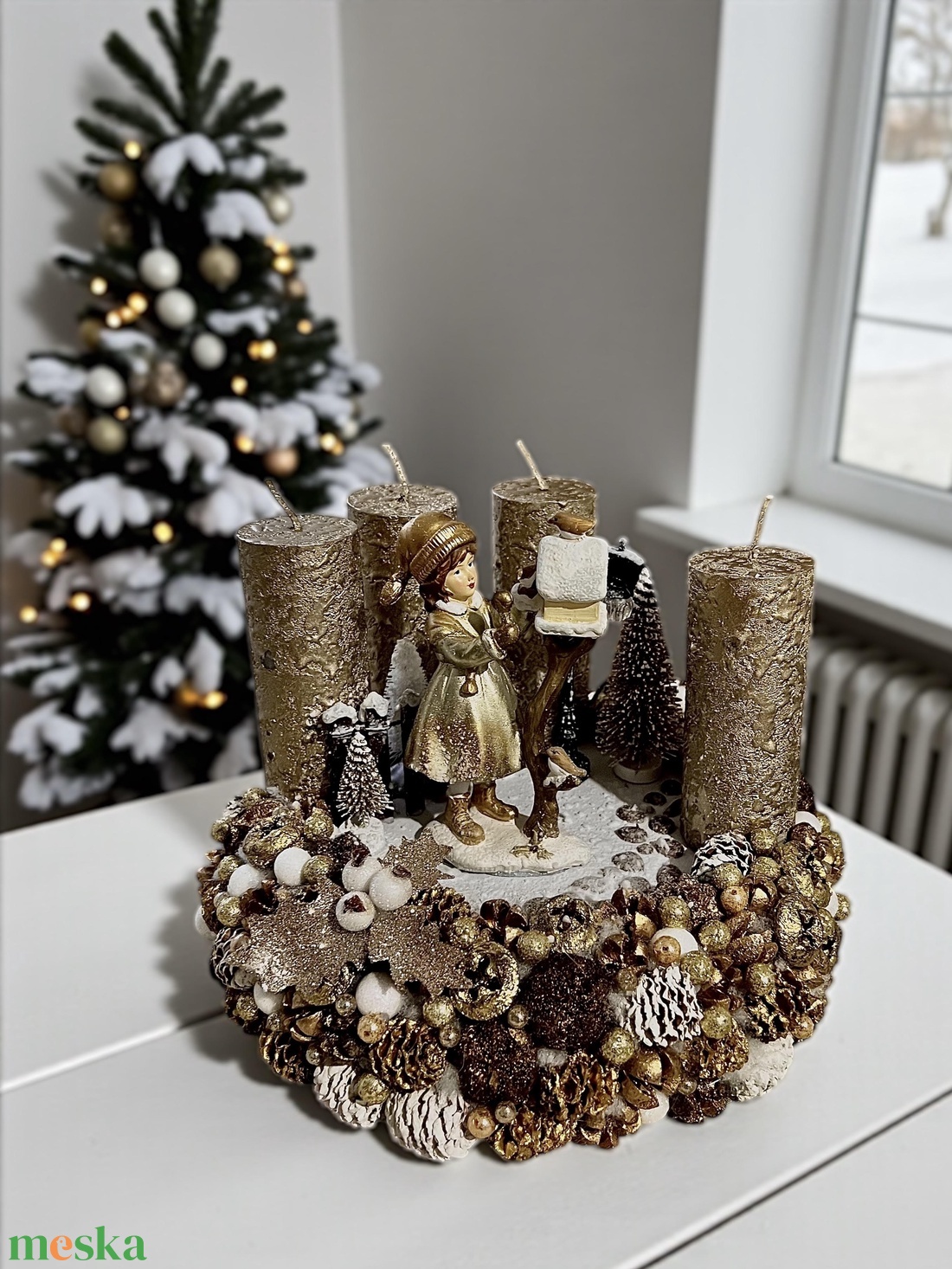 Adventi koszorú LED világítással arany-fehér színvilágban - karácsony - adventi díszek - adventi gyertyadíszek és koszorúdíszek - Meska.hu