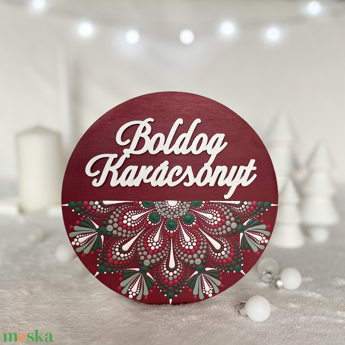 Bordó karácsonyi mandala hűtőmágnes Boldog Karácsonyt felirattal  kézzel festett, ünnepi dekoráció - otthon & életmód - dekoráció - spiritualitás - mandala - Meska.hu