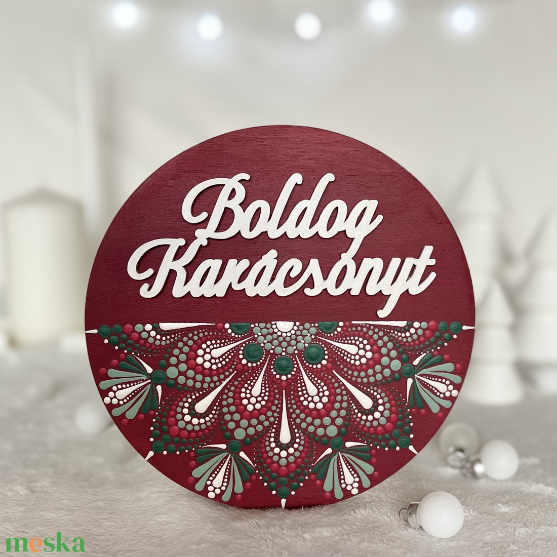 Bordó karácsonyi mandala hűtőmágnes Boldog Karácsonyt felirattal  kézzel festett, ünnepi dekoráció - otthon & életmód - dekoráció - spiritualitás - mandala - Meska.hu