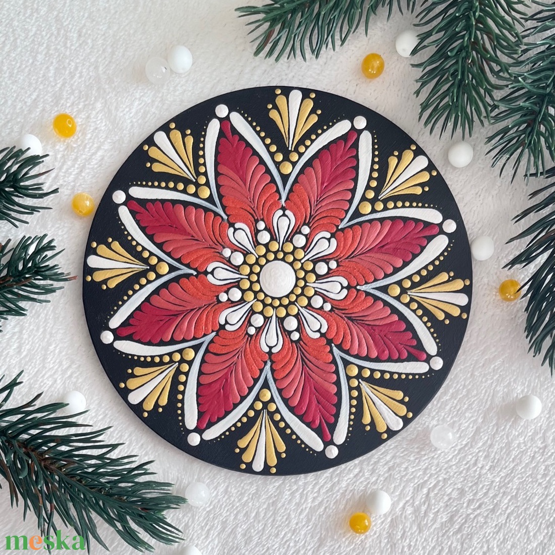 Mikulásvirág mandala hűtőmágnes (13,5 cm) � bordó, arany - karácsony - karácsonyi lakásdekoráció - karácsonyi lakásdíszek - Meska.hu