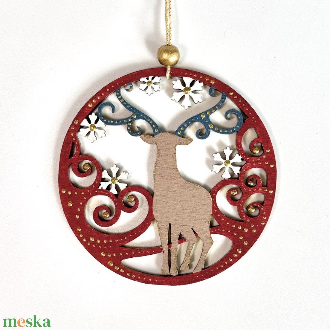 Téli szarvas bordó és arany kézzel festett karácsonyfadísz - karácsony - karácsonyi lakásdekoráció - karácsonyfadíszek - Meska.hu