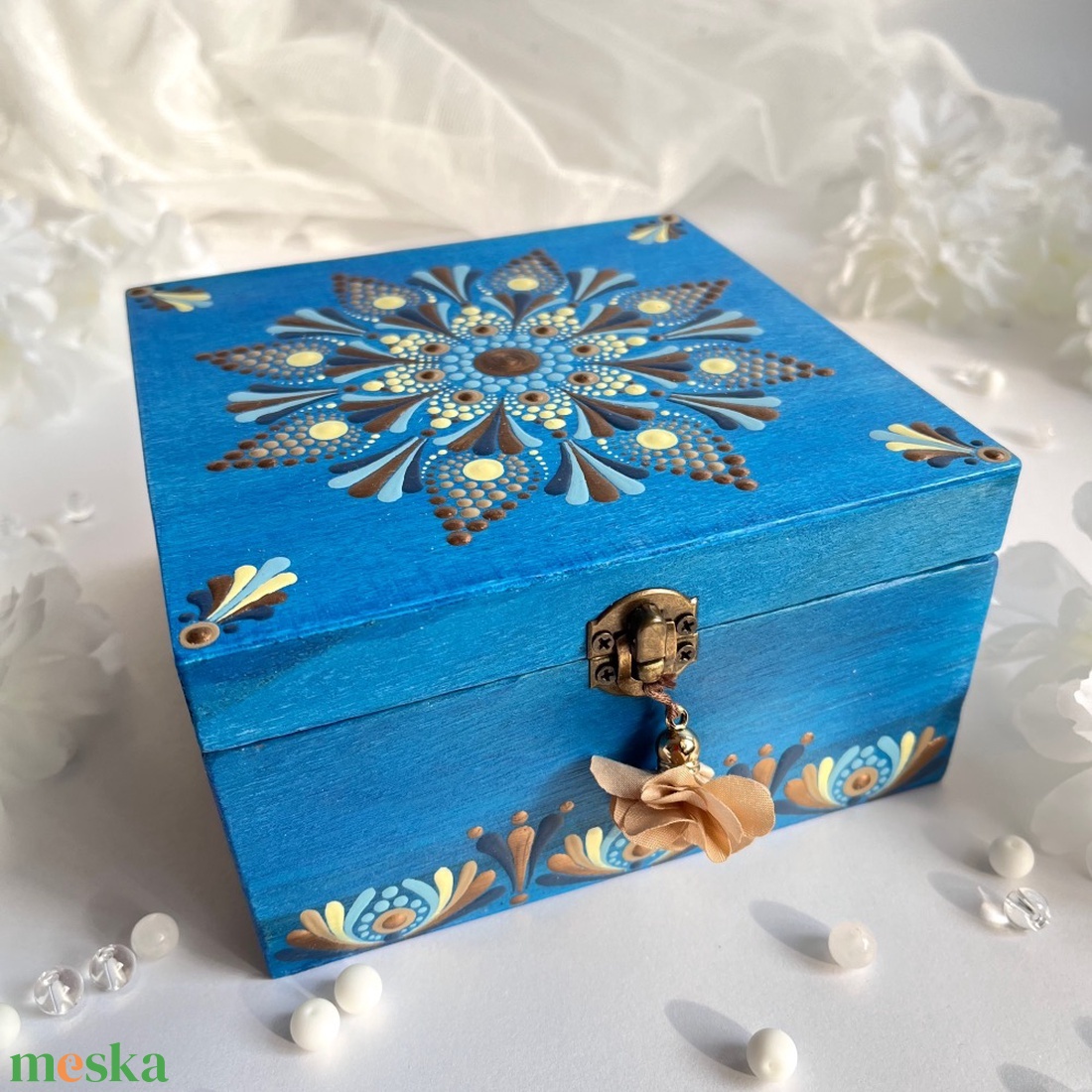 Mandala mintával festett kék fadoboz - teásdoboz - teafiltertartó - otthon & életmód - tárolás & rendszerezés - doboz - Meska.hu